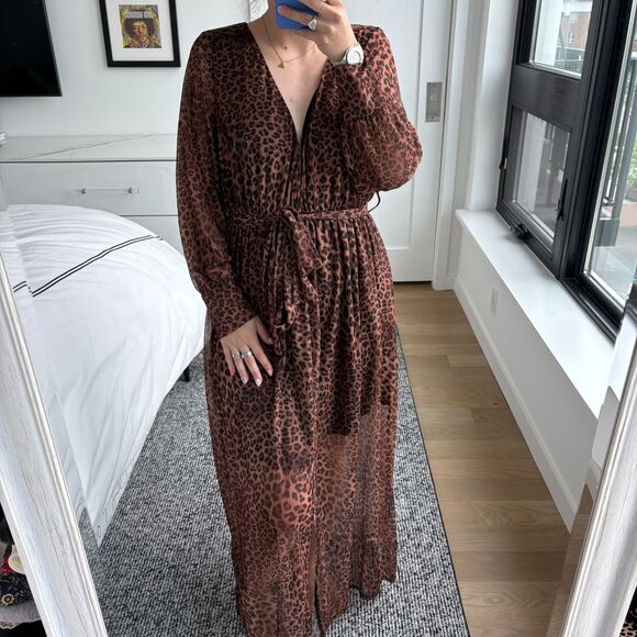 Asos Design Long Sleeve Deep V-Neck Leopard Maxi Dress with Belt Brown Size 6 - Picture 5 of 8